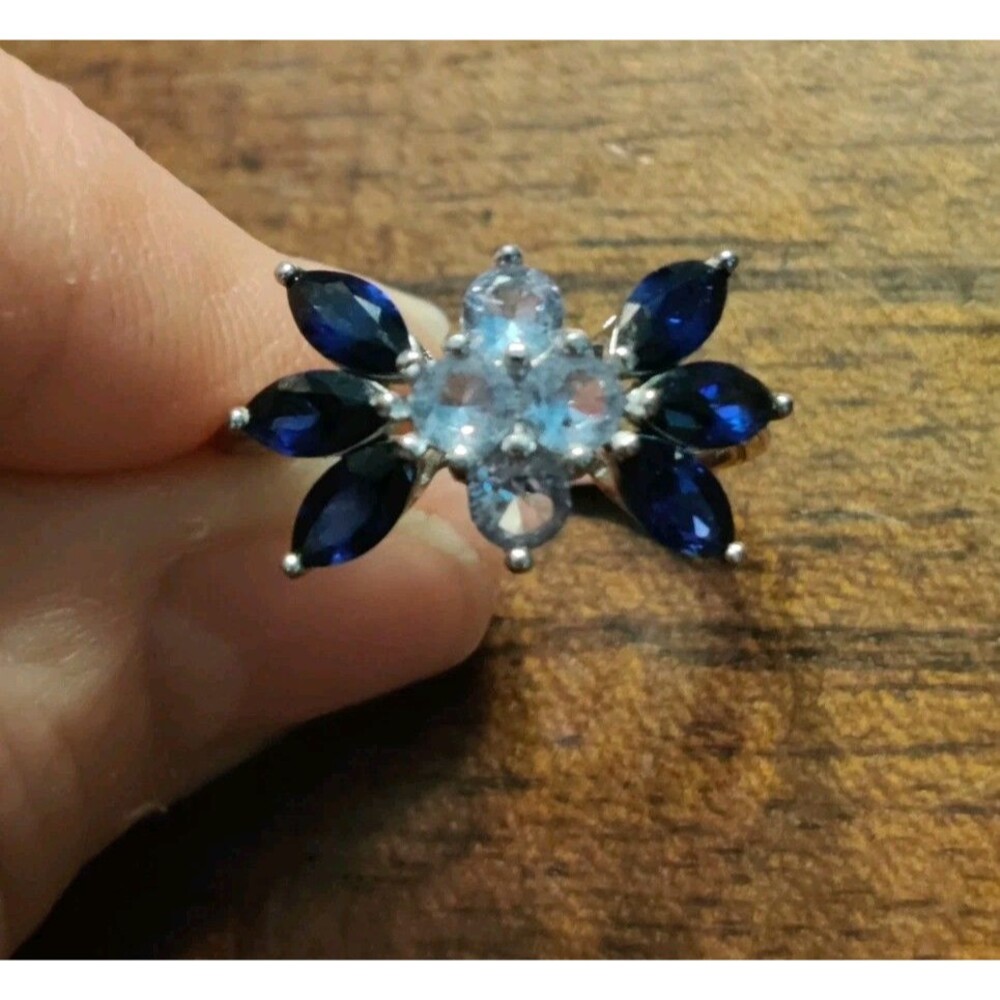 PAJ Signed Cocktail Ring Cluster Blue Rhinestones 925 Sterling Silver Size 7 3g